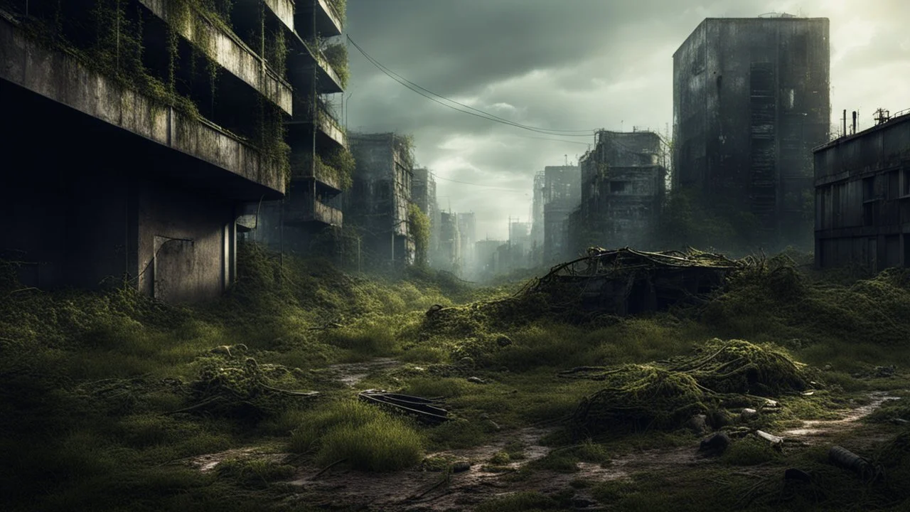 post-apocalyptic urban landscape with overgrown nature