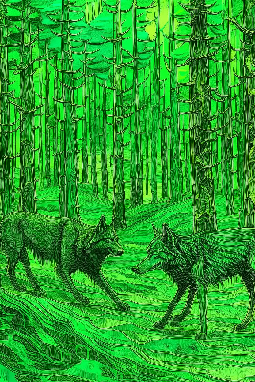A green viny forest with wolves painted by Vincent van Gogh