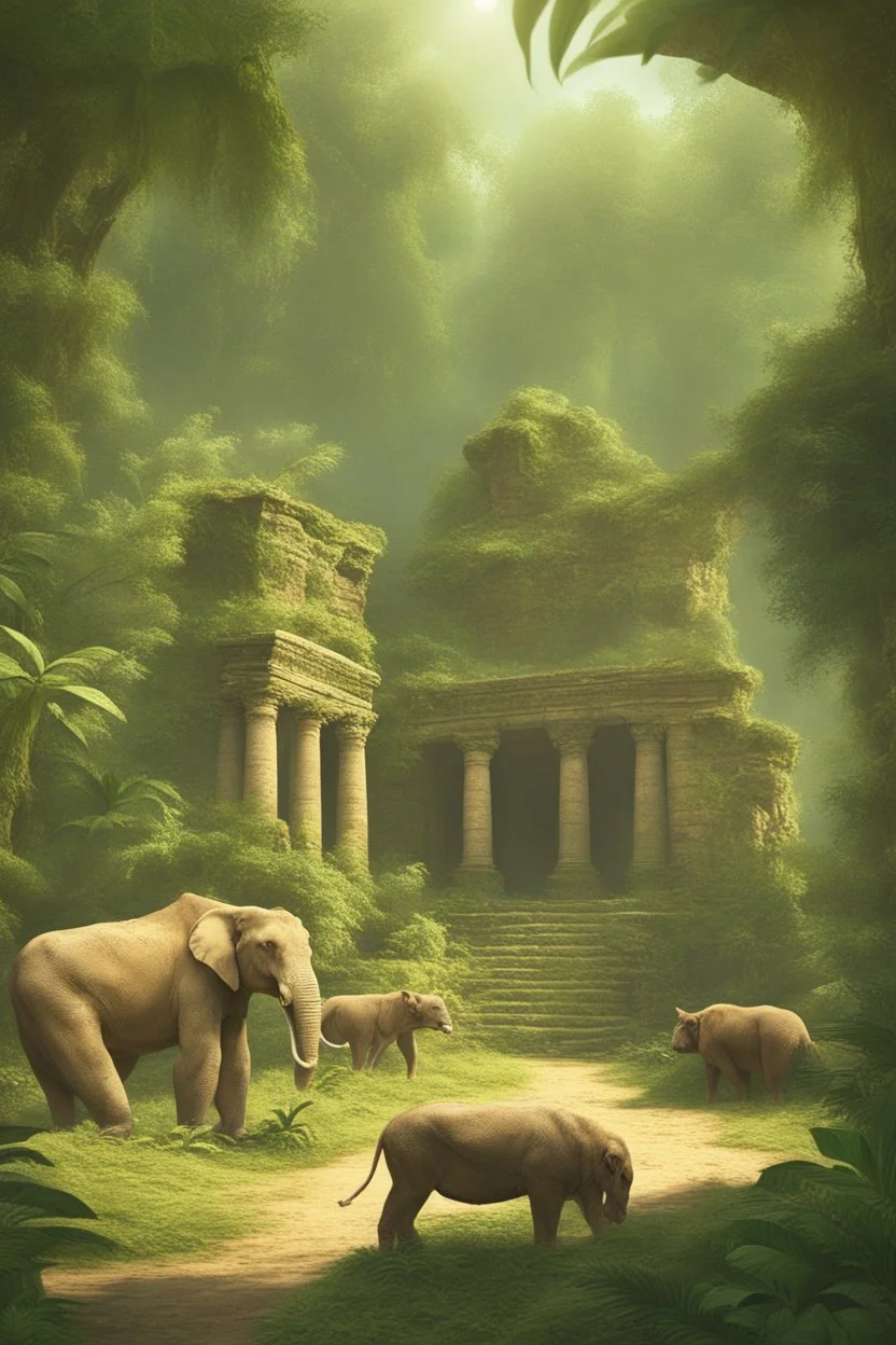 tropical jungle and animals ancient ruins