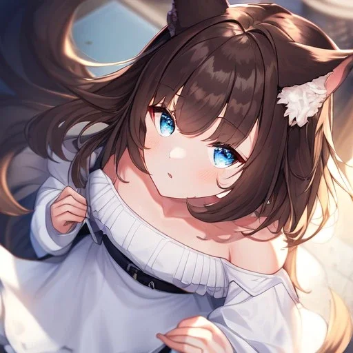 Clear focus, High resolution, Long fluffy brown hair, blue eyes, wearing a white skirt, detailed outfit, wearing a jacket oversized off shoulder, rough line, hair above ears, dog ears, off shoulder white shirt, chopped bangs