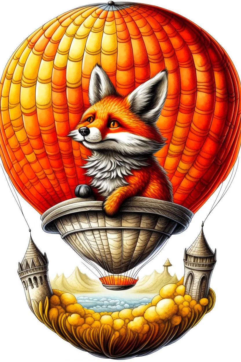 Color illustration of a ultra photo realistic happy red fox sitting "inside" a detailed wicker basket which is hanging below a perfect round orange colored hot air ballon nothing should be hanging from the basket, full image of hot air ballon, every element; fox, wicker basket, ballon should be in proportion to one another, in the background you can see the leaning tower of Piza