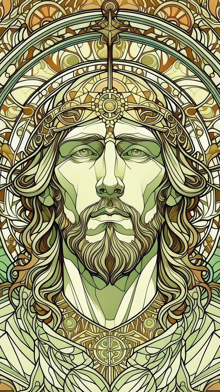 jesus portrait| centered | symmetrical | key visual | intricate | highly detailed | iconic | precise lineart | vibrant | comprehensive cinematic | alphonse mucha style illustration | very high resolution | sharp focus | poster | no watermarks, plain background