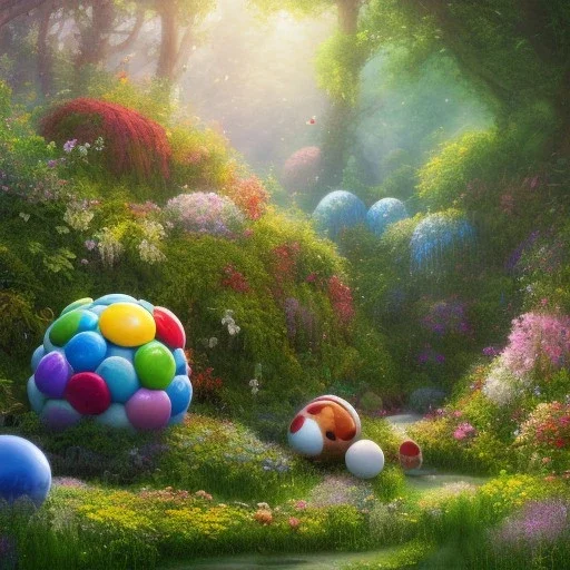 pixar style, volumetric summer garden environment and background, realistic painting of m&m, looking excited, volumetric lighting, dramatic lighting, detailed digital painting, extreme dense and fine fur, anime, ornate, colour-washed colors, elegant, small minutiae, tiny features, particulars, centered, smooth, sharp focus, renderman gofur render, 8k, uhd, detailed eyes, realistic shaded volumetric lighting, sunlight caustics, backlight, centered camera view