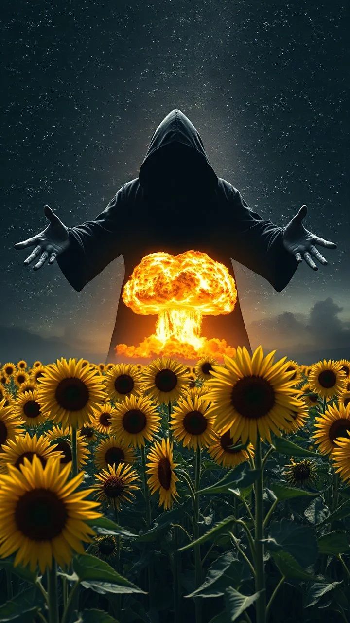 A field of random sunflowers with bright lighting , at the end of the picture is a deep night dark with stars sky background the universe with a huge nuke explosion behind the explosion a very large open arms dark scary shadow of a black hooded creature