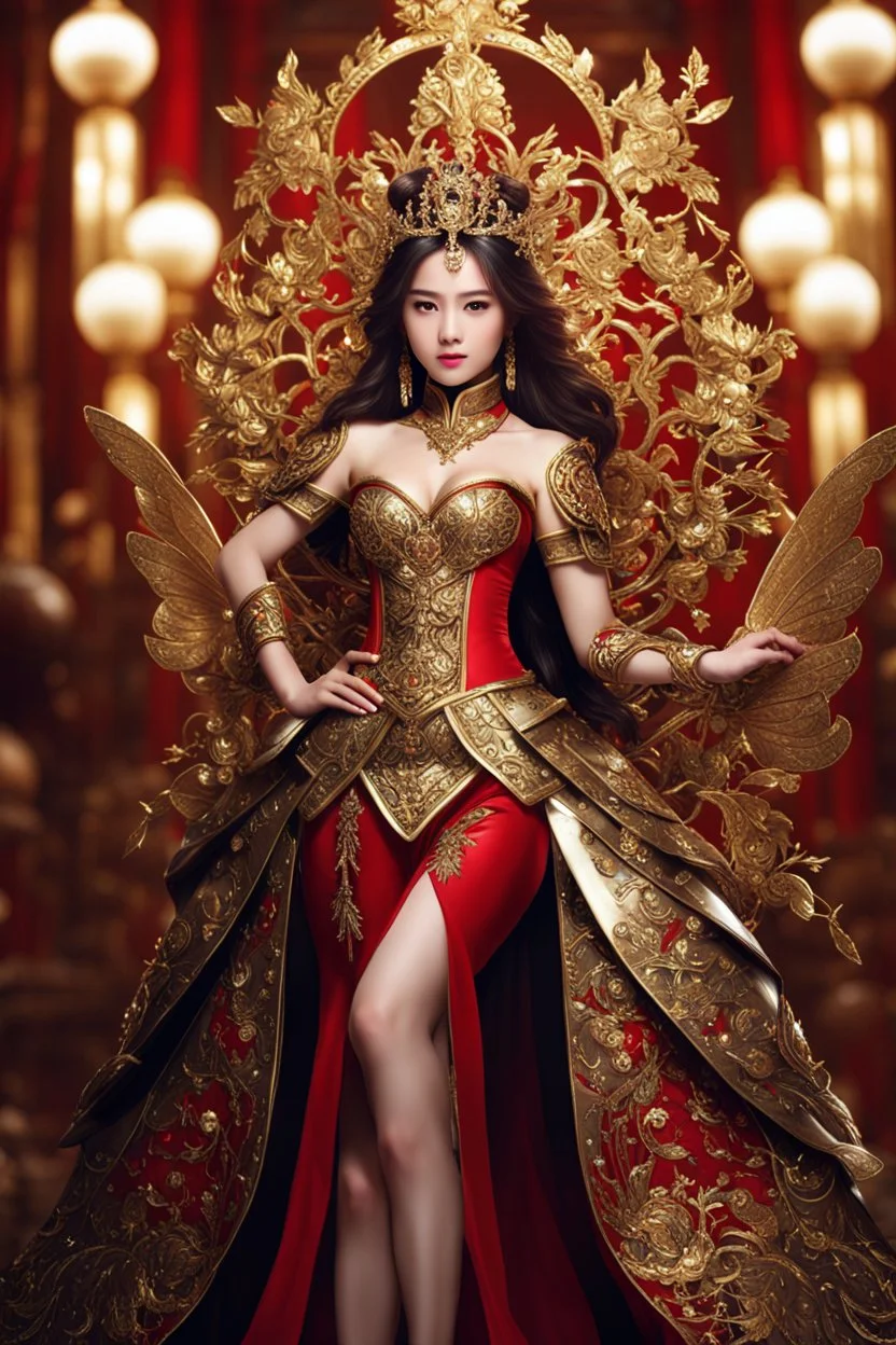 Realistic photography,front_view, Beautiful Queen fairy super model Chinese Woman, brown hair,dressing luxury party gown,looking at viewer,traditional dress ornaments mechanical armor china traditional, intricate armor, delicate golden shine bright, black metalic parts, detailed part, jewelry diamonds,dynamic pose,abstrac background, dynamic lighting, red hour, full body portrait