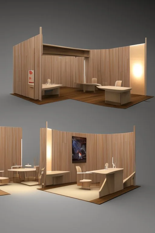 Corner exhibition stand in light colors with wood elements with two meeting areas