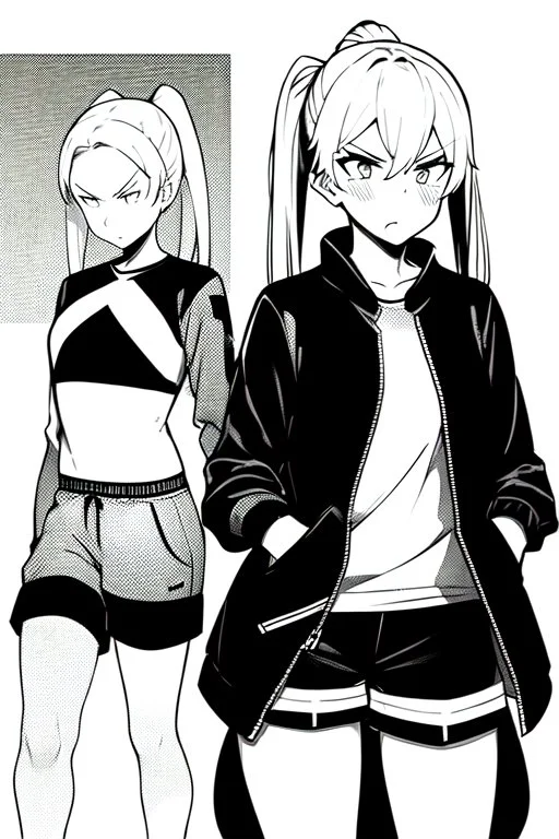 blonde girl with ponytails dressed in a jacket and shorts walks angry, greyscale