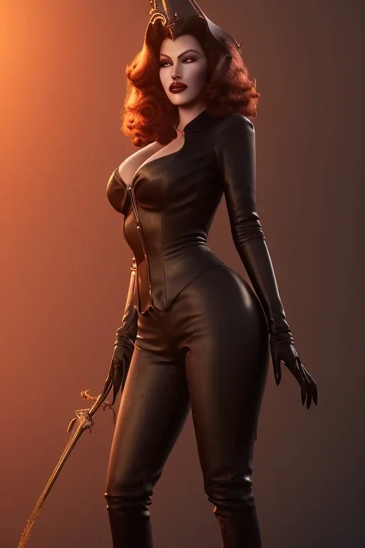 Rita Hayworth as evil queen in black leather, busty, cleavage, curvy, angry, stern look. character design by cory loftis, fenghua zhong, ryohei hase, ismail inceoglu and ruan jia. unreal engine 5, artistic lighting, highly detailed, photorealistic, fantasy