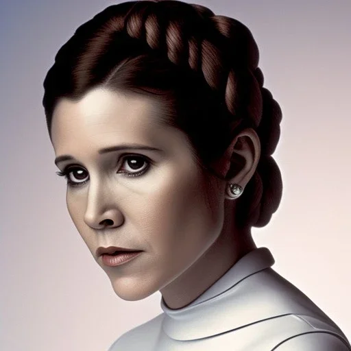 half-length color portrait, three-quarter face pose of carrie fisher as Princess Leia with photo realistic fine and very simple short hair, entrancing deep brown eyes, Intricate, High Detail, Sharp focus, realism, beautiful and detailed lighting, Nikon D850, ef 85mm 5.6 by Annie Leibovitz