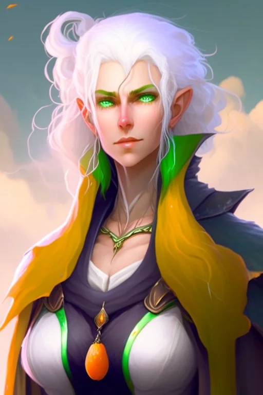 fantasy setting, woman with orange and white hair, white hair, green eyes, tall and frail, kind, soft facial traits