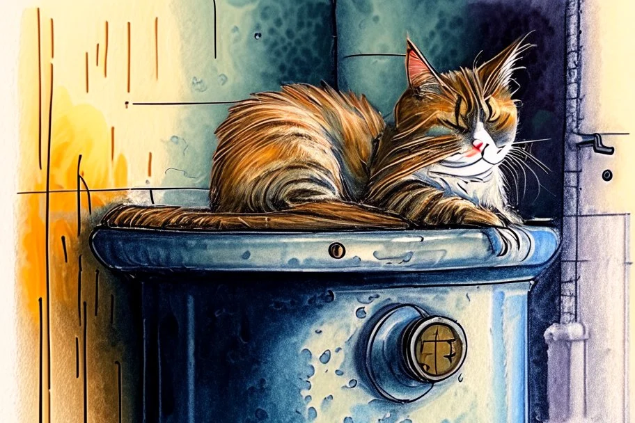 Cat on the boiler in the bathroom, watercolor and ink