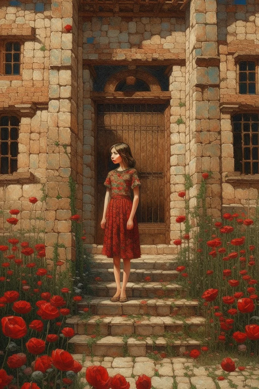 A beautiful girl standing in classic old building with bricks stones texture with a balcony filled with red poppies growing out of it , oil colors drawing with Busch painting style