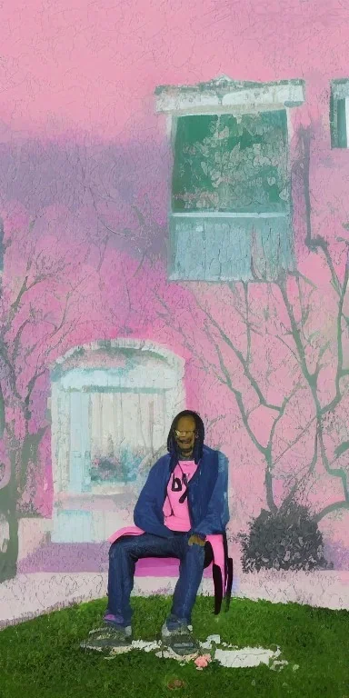 Snoop dogg, sitting. a chair. pink houses, pink sky, pink smoke, trees, outdoors. Groove street. 28mm