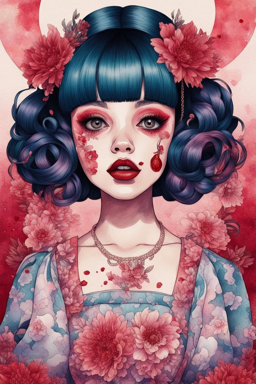 singer Melanie Martinez face, blood, guts, wildflower, cosmic, futuristic, iridescent, intricate, behind made background liquid, watercolor illustration by <Katsushika Hokusai>, darkred tones,