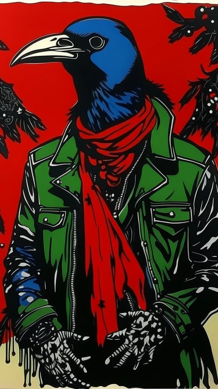 A contemporary serigraphy by Matisse of a human-like crow with a punk leather jacket within a Christmas atmosphere.