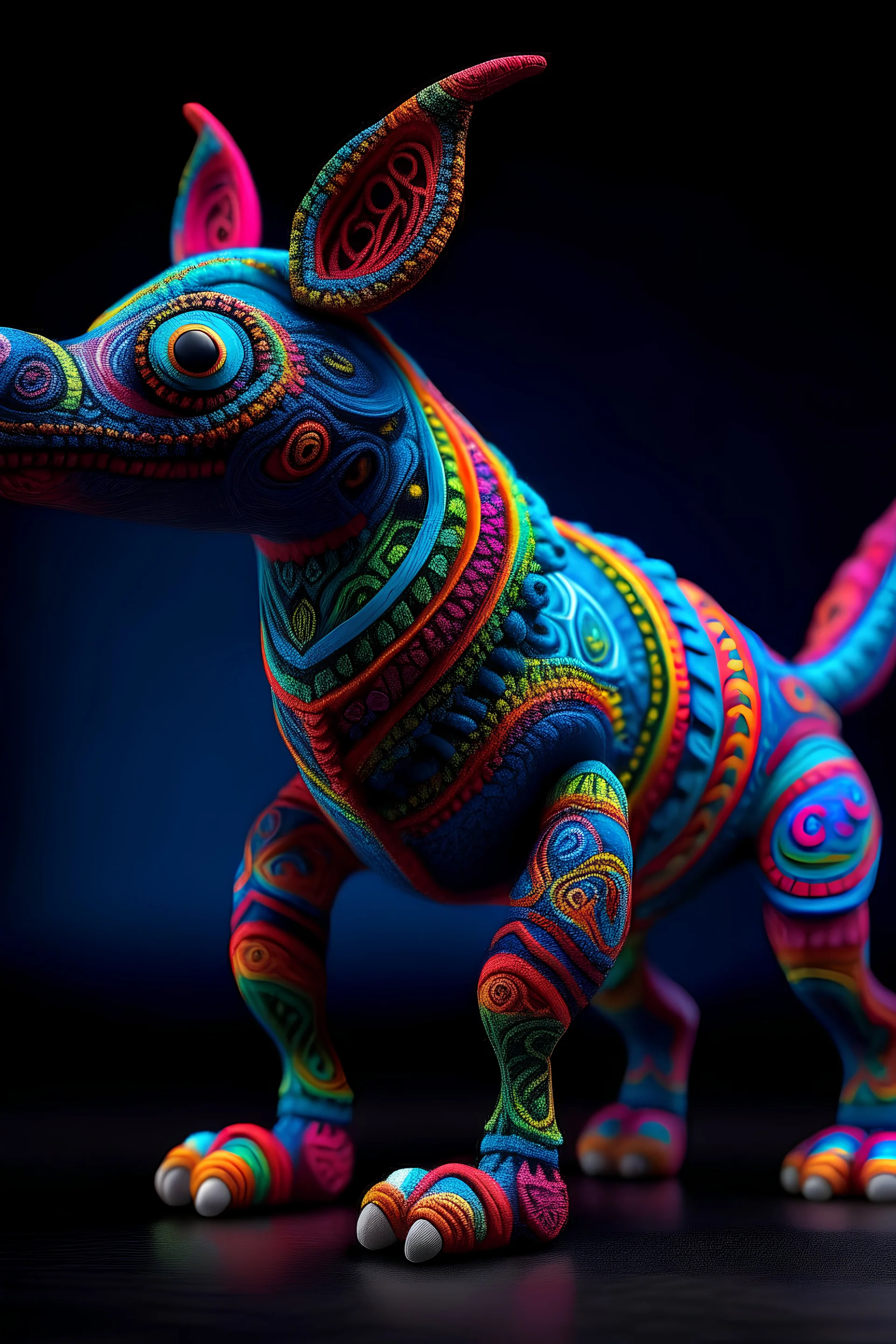 un ser con forma indefinida de bestia realista dibujado con temperas de colores estilo alebrije mexicanos de colores vibrantes. que genere una atmosfera de magia y encanto. Con fondo de un solo