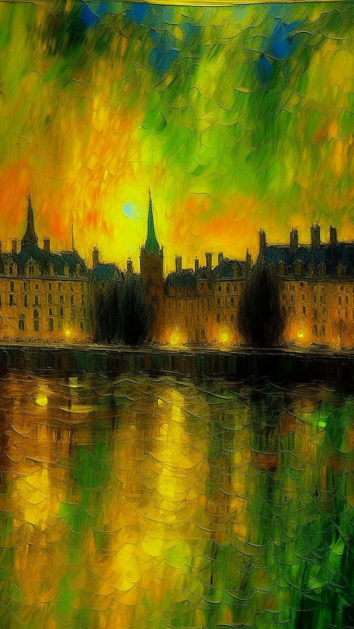 A yellow spooky haunted glowing electrical city painted by Claude Monet