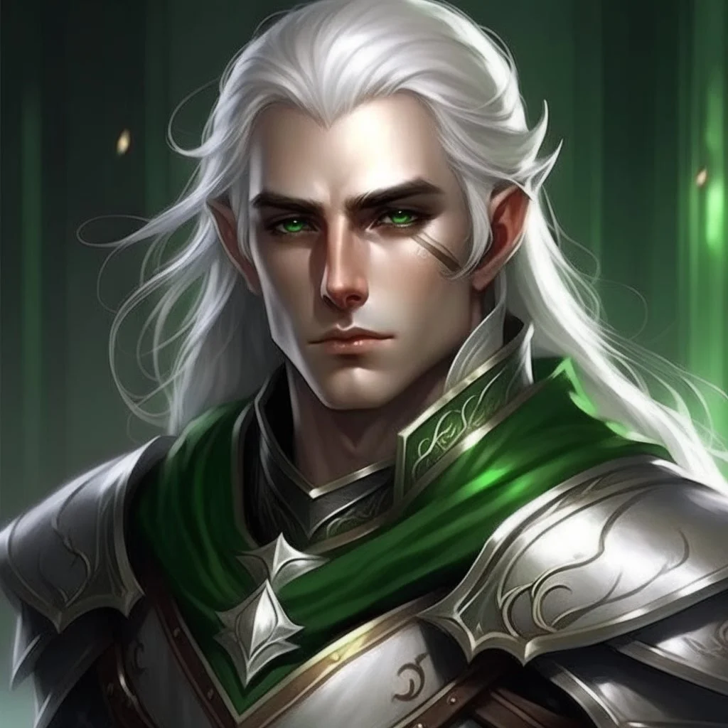 Please create an image for a young elven male with light brown skin, silver hair, and green eyes. He is wearing leather armor