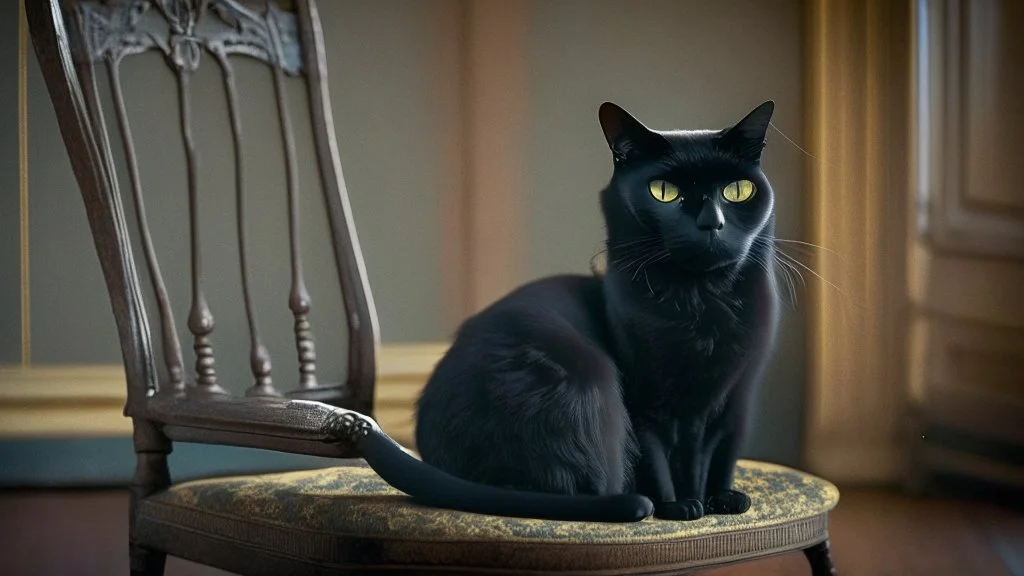 A black cat sitting on a chair in a room.