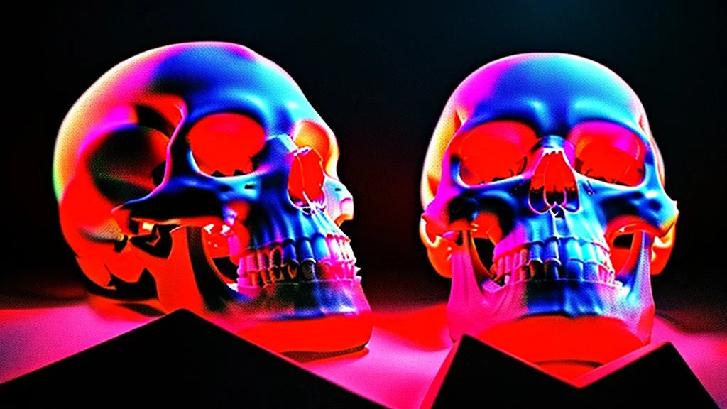 anatomically correct human skulls stacked into a pyramid, unusual neon lighting, high velocity, 64k, dystopian, vray, steampunk