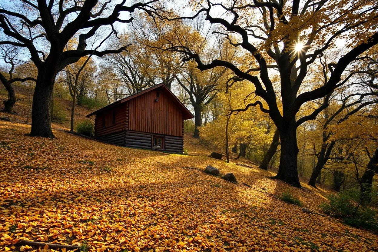 A wooden house in a hilly oak forest in autumn, yellow orange leaves on ground, moist in air, early morning, sun streaks, dense vegetation