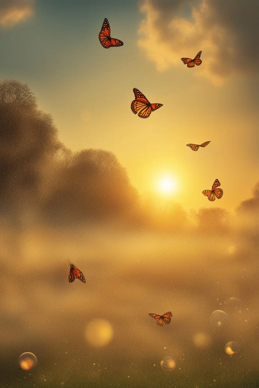 Bubbles and Butterflys flying to the sky at sunset