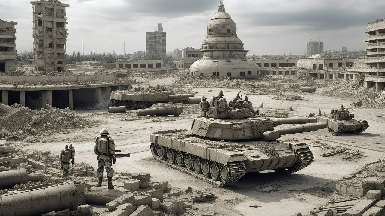 Israeli soldiers and tanks stand on a very large chessboard in the middle of a destroyed city