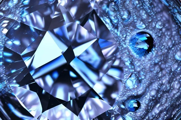 Blue raindrop on a big diamond, black backround , close up view, photo quality, ultra realistic