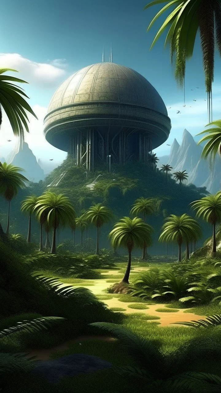 sci fi planet, alien fortress, gardens, palm trees