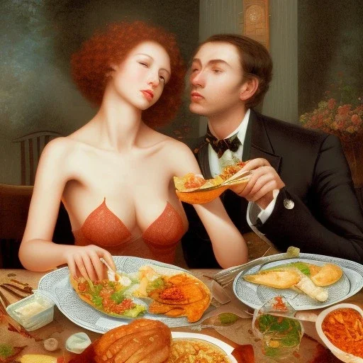 A girl eating a meal with her lover who is having an erection