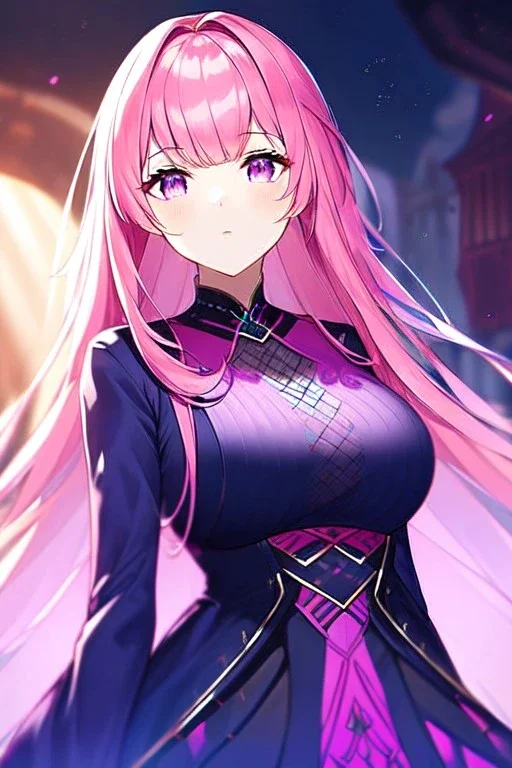 girl, masterpiece, best quality, cinematic lighting, detailed outfit, vibrant colors, perfect eyes, pink hair, long hair, vibrant purple eyes, twins, same clothes,