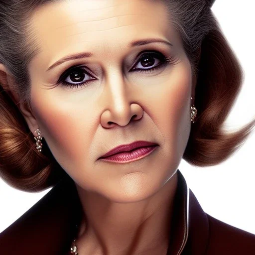 realistic analog style photography by Annie Leibovitz, photorealistic close up face of carrie fisher, soft ethereal skin, symmetrical short hairstyle,studio lighting, sharp brown eyes, dark plain background