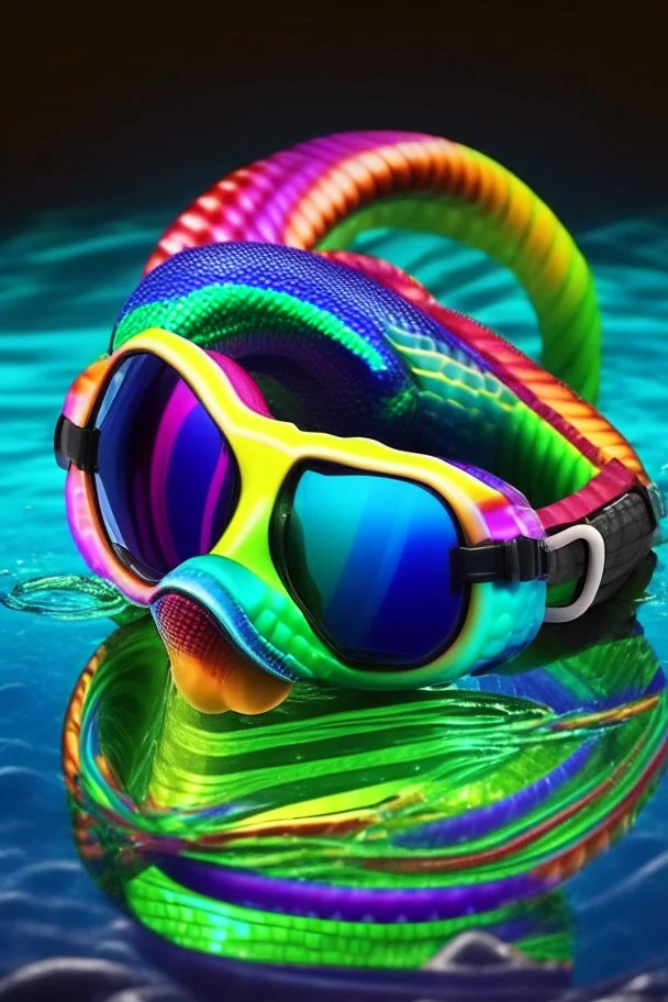 snake head in rainbow colored round swimming goggles