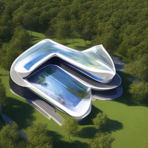 Vista aérea Casa campestre de cristal, estilo Zaha Hadid, ventanas de vidrio azul, Arte digital, calidad ultra, 8k, 3D, clima claro