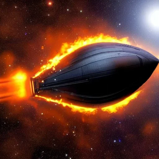huge starship made of brass with black windows, damaged and on fire, in space