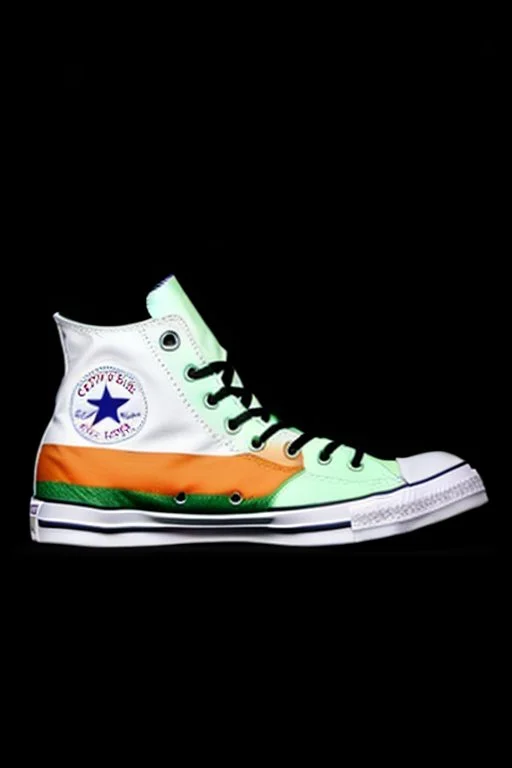 A converse sneaker with India's flag printed on the material, green, white and orange