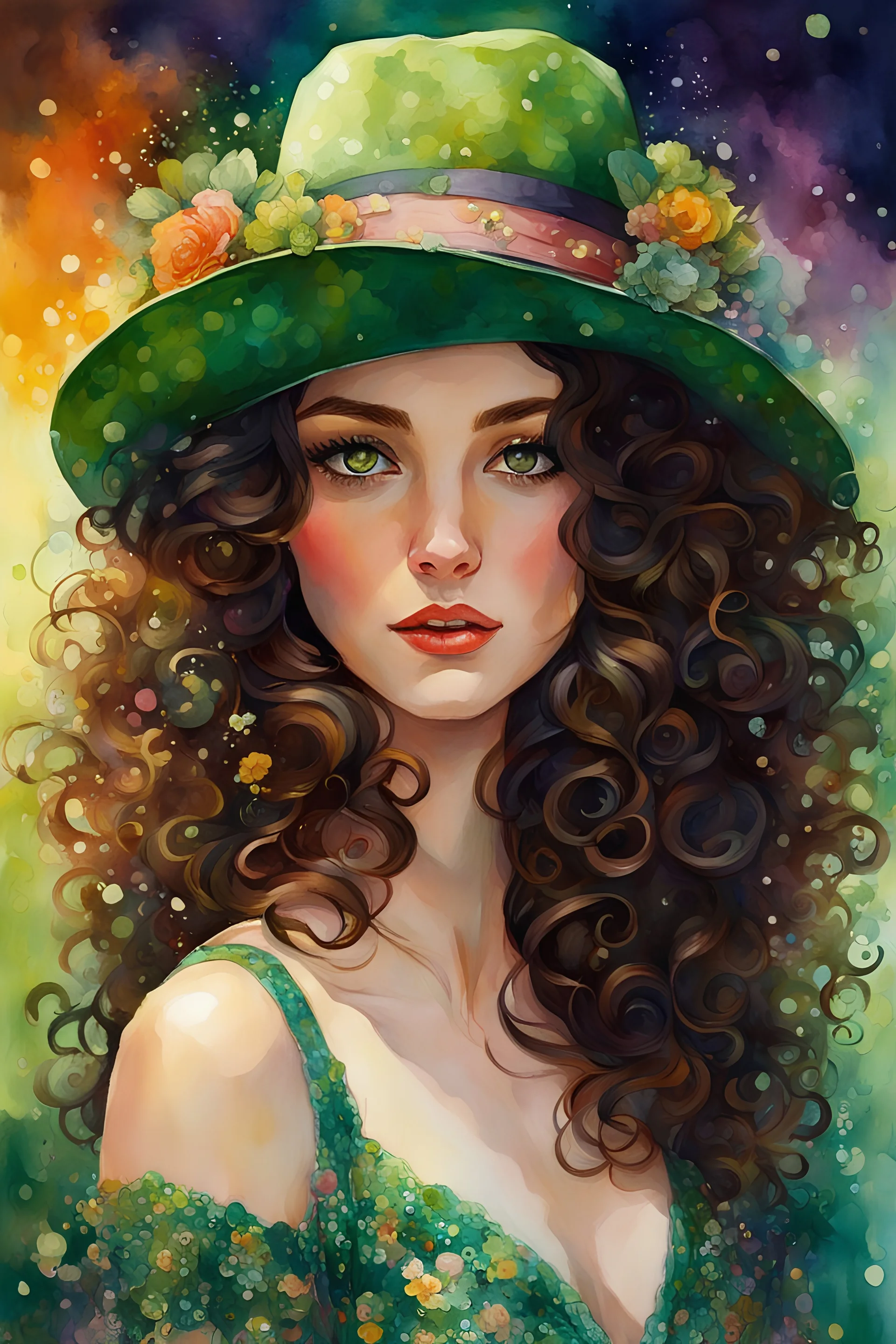 highly detailed, curly brown hair, green eyes, hat,printed dress, vivid colors, watercolor portrait, dramatic light, realistic, by Alyssa Monks, Afarin Sajedi, Brian Kesinger, Thomas Kinkade, Pascal Campion, Craola.