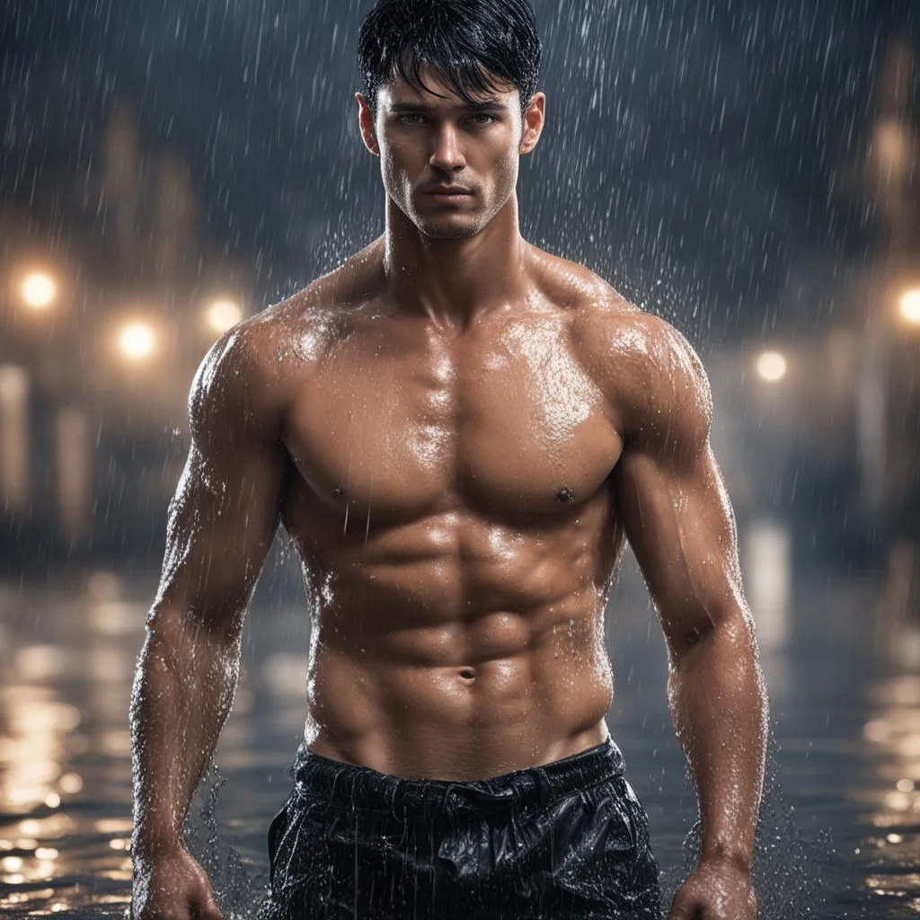 Hyper realistic Extremely Handsome shirtless with short black hair muscular man getting wet in a rainy night wearing black shirt