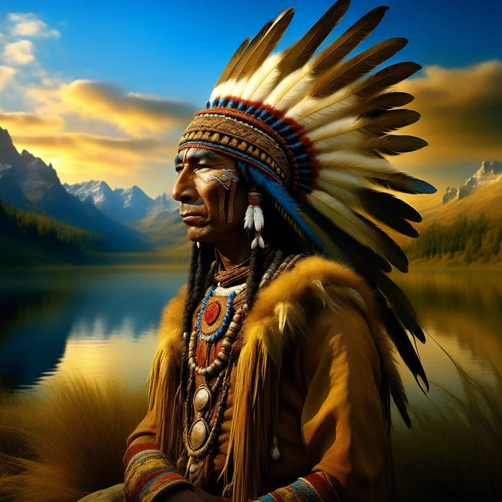 stunning 3D render of a painting in the style of Rembrandt featuring Winnetou, the chief of the Aachen tribe. Winnetou is depicted as a noble and wise leader, adorned with intricate feathers and a colorful headdress. The background portrays a vast, rugged landscape with a rocky mountain range and a serene lake, casting a warm golden glow. The overall atmosphere is a mix of both realism and dreamlike fantasy, reflecting Rembrandt's masterful use of light and shadow., illustration, 3d render, pain