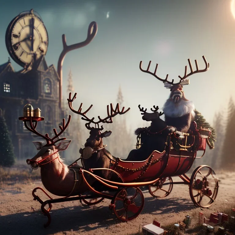 steampunk santa sleigh with santa sitting in it being pulled by steampunk reindeer, 4k, highly detailed, cinematic, ultra photorealistic, ultra realistic, volumetric lighting