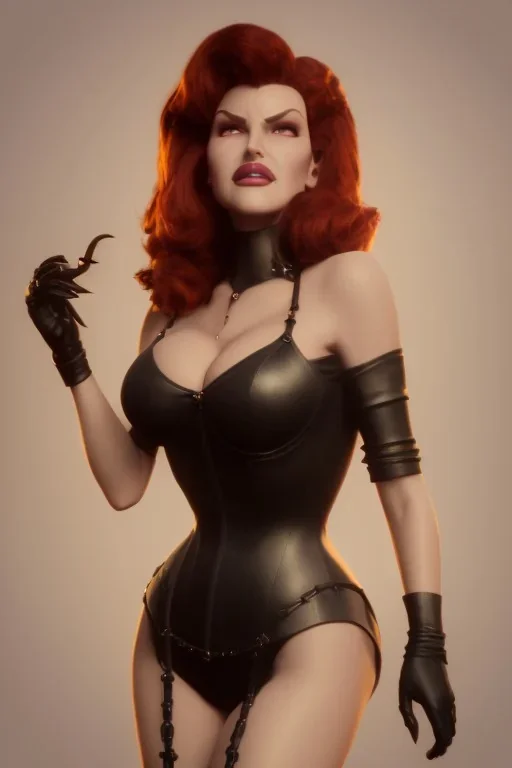 Rita Hayworth as evil queen in black leather, busty, cleavage, curvy, angry, stern look. character design by cory loftis, fenghua zhong, ryohei hase, ismail inceoglu and ruan jia. unreal engine 5, artistic lighting, highly detailed, photorealistic, fantasy