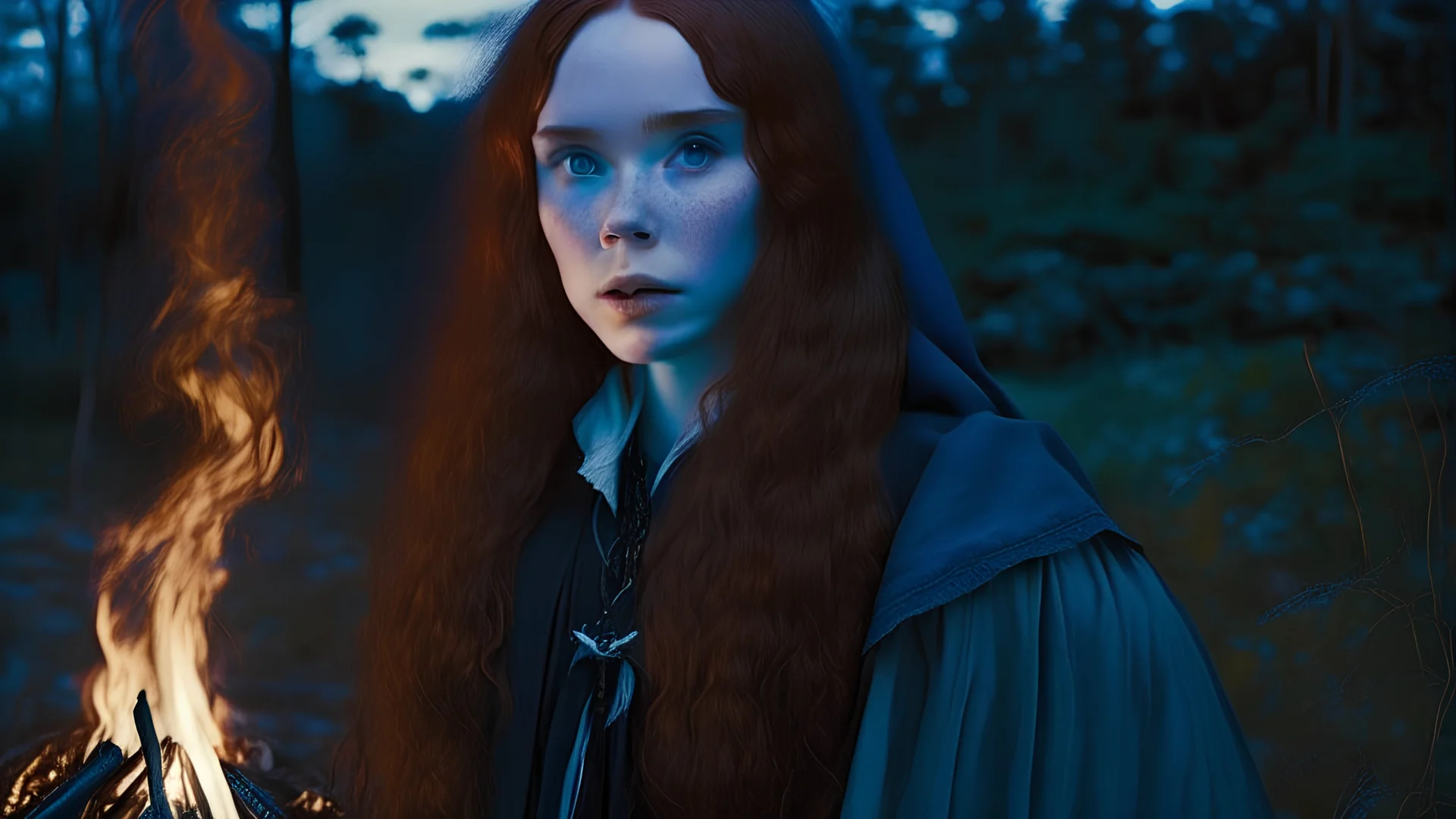 beautiful angelic goth, natural redhead with blue eyes, in the 80s slasher horror camp, near the bonfire. Looks like young Ellen Page. Full Body. Skinny hourglass bodyshape. Without bangs. Straight Hair.