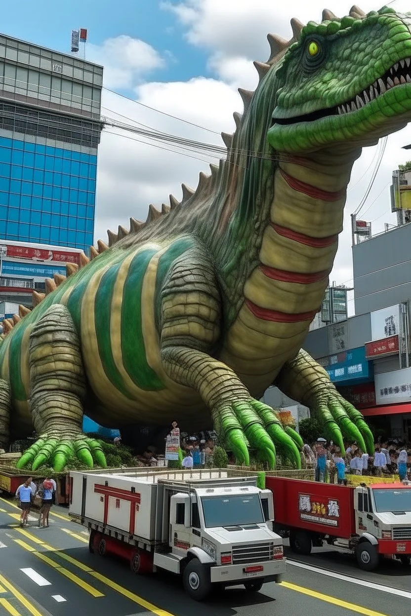 A giant dinosaur purchased from Costco is destroying Tokyo, with McDonald’s restaurants mobilizing an army to defend