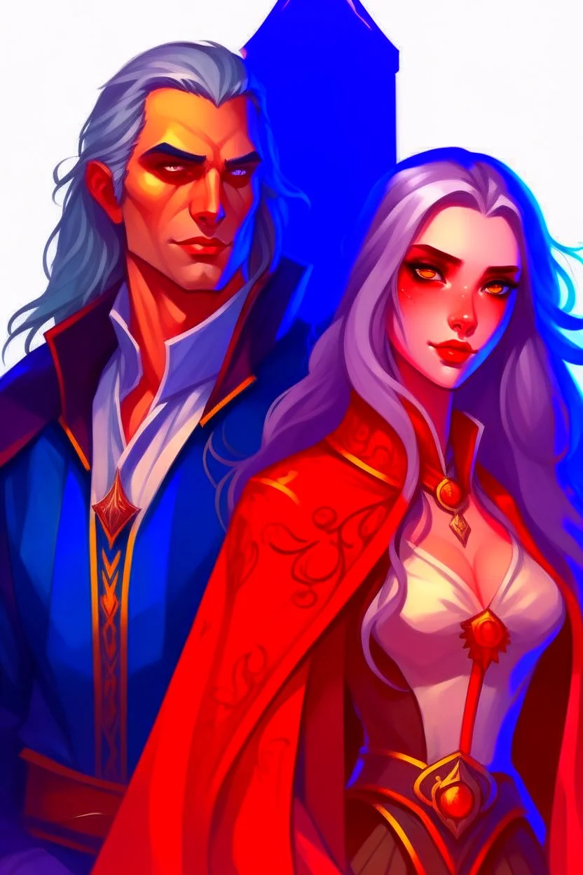 A couple, from the dnd game curse of Strahd. The woman has long white hair and blue eyes, the man has LONG BLACK hair and red eyes, no facial hair. He is standing protectively behind her.