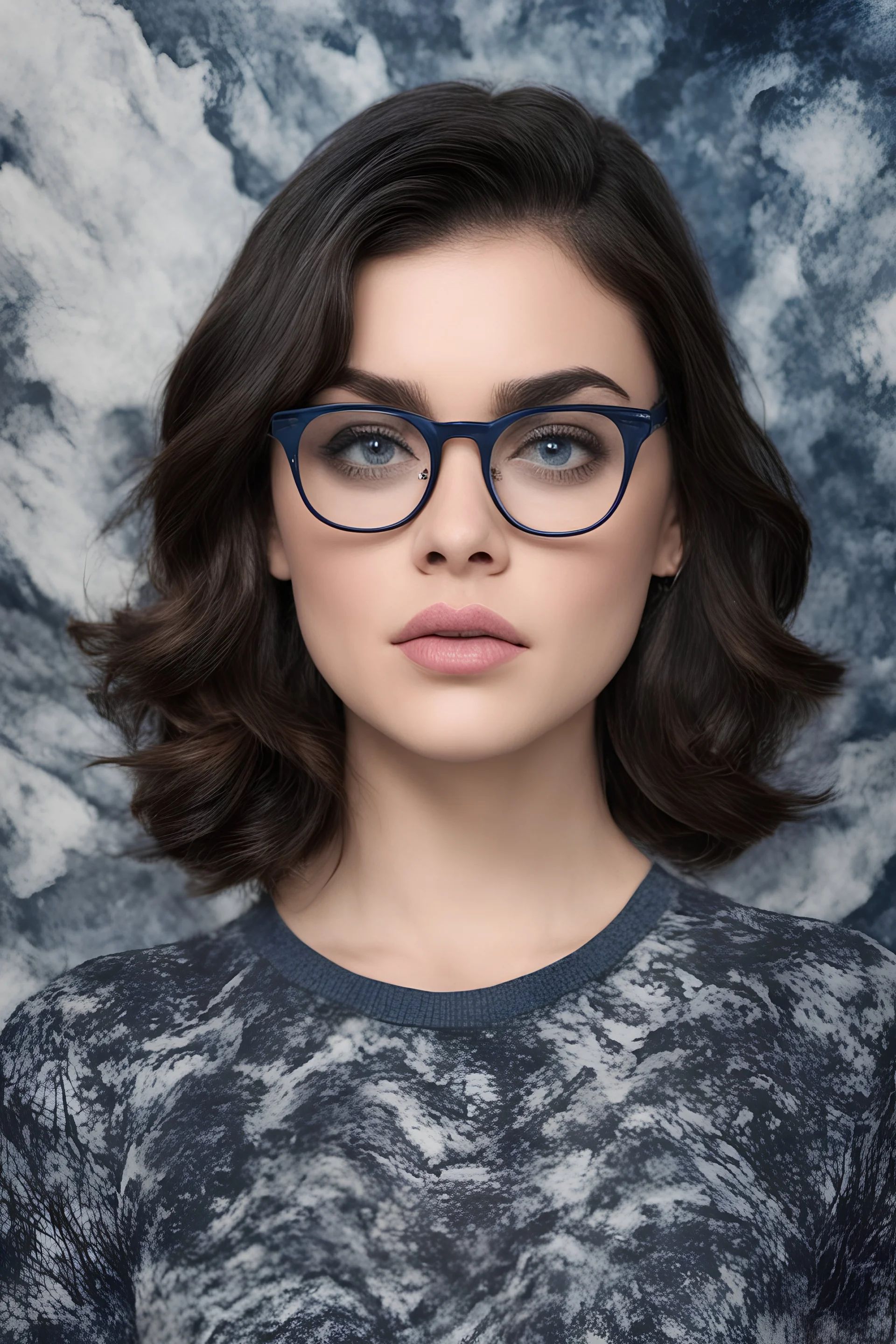 cross-eyed Lucy Hale/Tom Selleck hybrid, , 4k UHD, photorealistic, ((big, full, plump, pouty lips:1.5)) black hair, big cat-eye eyeglasses, dark blue foggy gradated marble wall background