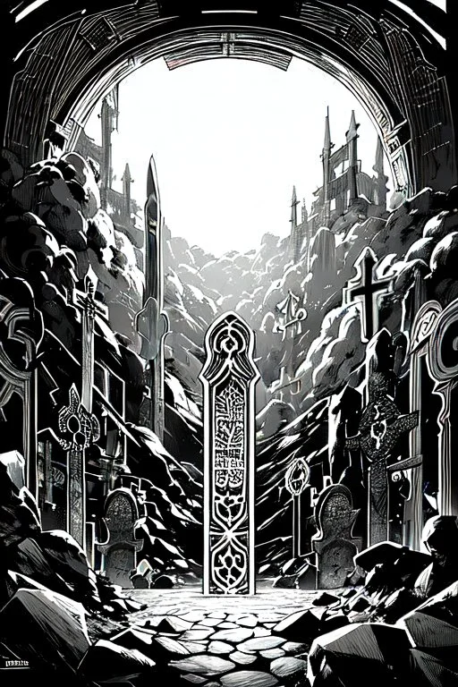 landscape, endless open cemetery with thousand crosses, grayscale