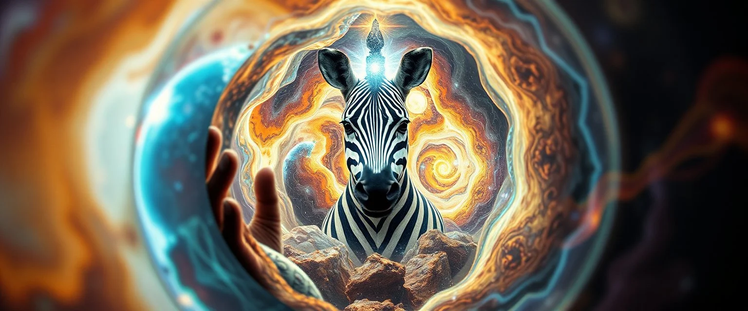 hypnotic fractal world seen from inside crystal pinhole pic into 4th dimension ,awake within a dream, portrait of ascended chakra master blaster, master oil painting by Rembrandt, escape route from our dimensions, hidden even to the zebra worm hole inside crystal ball