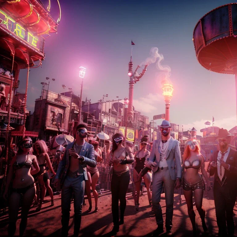 Ultra Realistic photo, medium shot view, men, carnival scene, futuristic steampunk. Women, hair monster, Drunken, Sunglasses, smoking, happy, hot. Cabaret background, highly detailed, concept art, unreal engine 5, ray tracing, RTX, lumen lighting, ultra detail, volumetric lighting, 3d, finely drawn, high definition, high resolution.