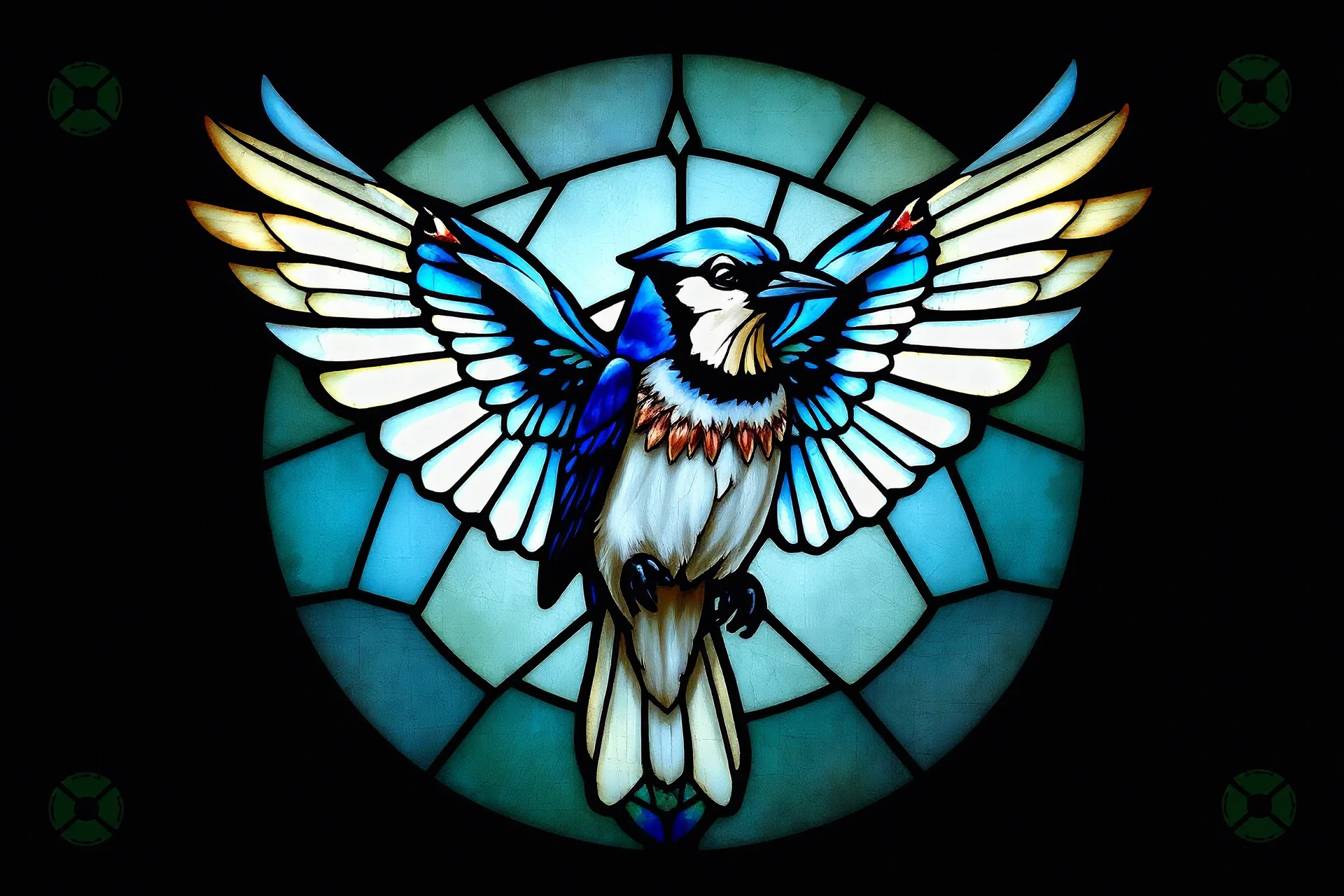 vitrail d'un geai bleu ailes déployées cyberpunk