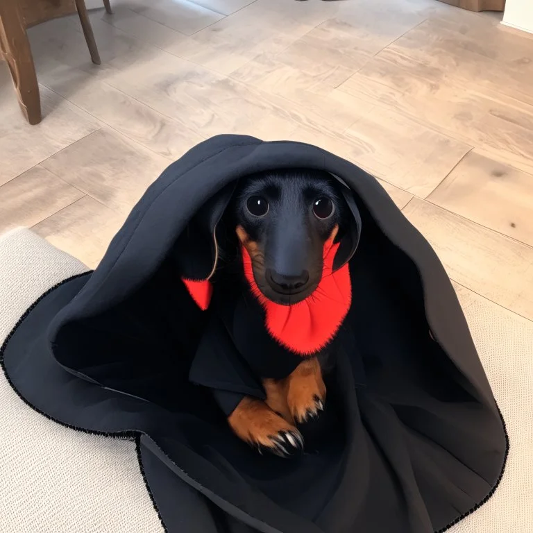 Make a disney style picture for my puppy with a blanket on her head. realistic disney setting, black and tan dachshund